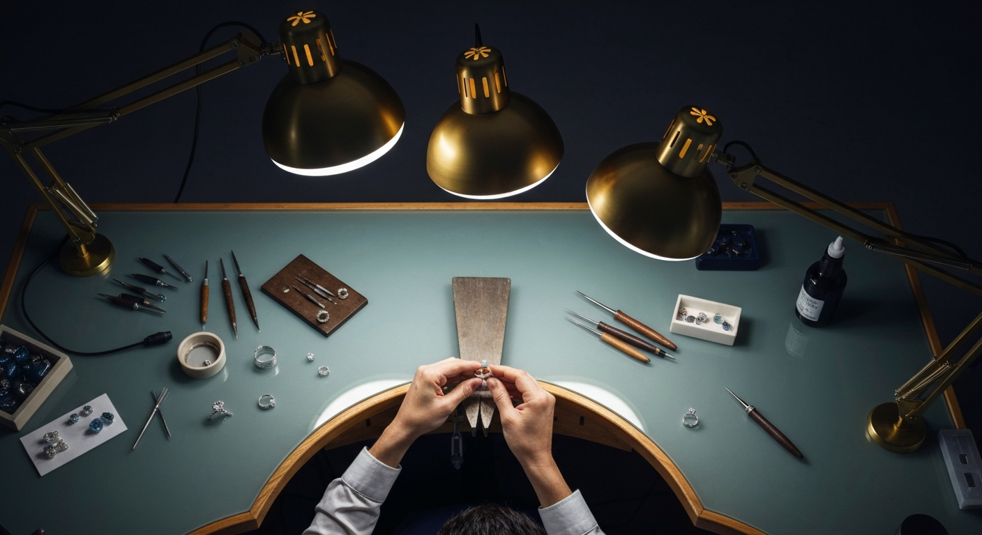 Atelier de joaillerie française traditionnel avec artisan au travail